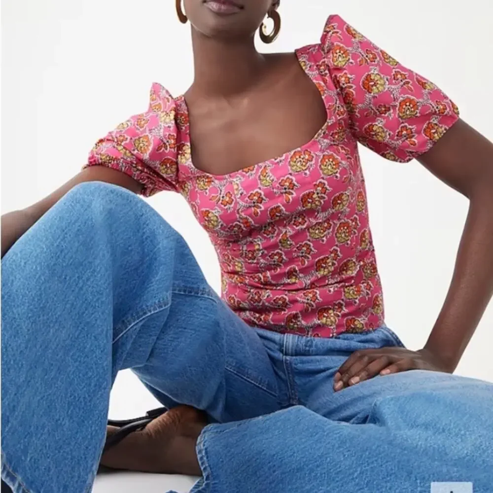 J. Crew Puff-sleeve squareneck top in Ratti® pink blooms print